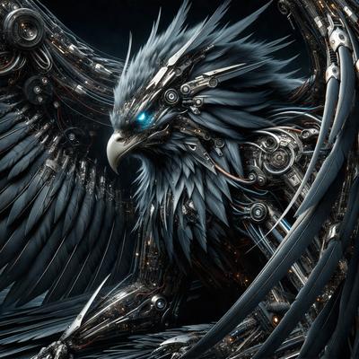 The primary subject of the image is a futuristic bird with a mix of mechanical and organic elements. The bird is surrounded by a dark, futuristic setting, which adds to the overall mood of the image. The visual style of the image is a combination of digital art and illustration, creating a unique and intriguing scene. The colors in the image are predominantly dark and metallic, with some glowing elements, which contribute to the overall atmosphere of the image.